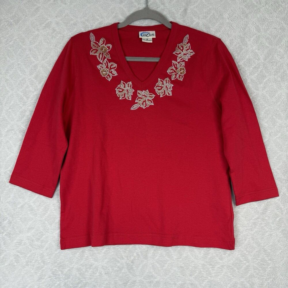 Vtg 3/4 Sleeve Top Womens Medium Red Beaded Poinsettia Holiday Christmas Festive